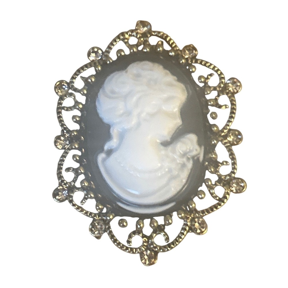Vintage Cameo Brooch Gold Tone Rhinestone Frame Victorian Style Lady Pin